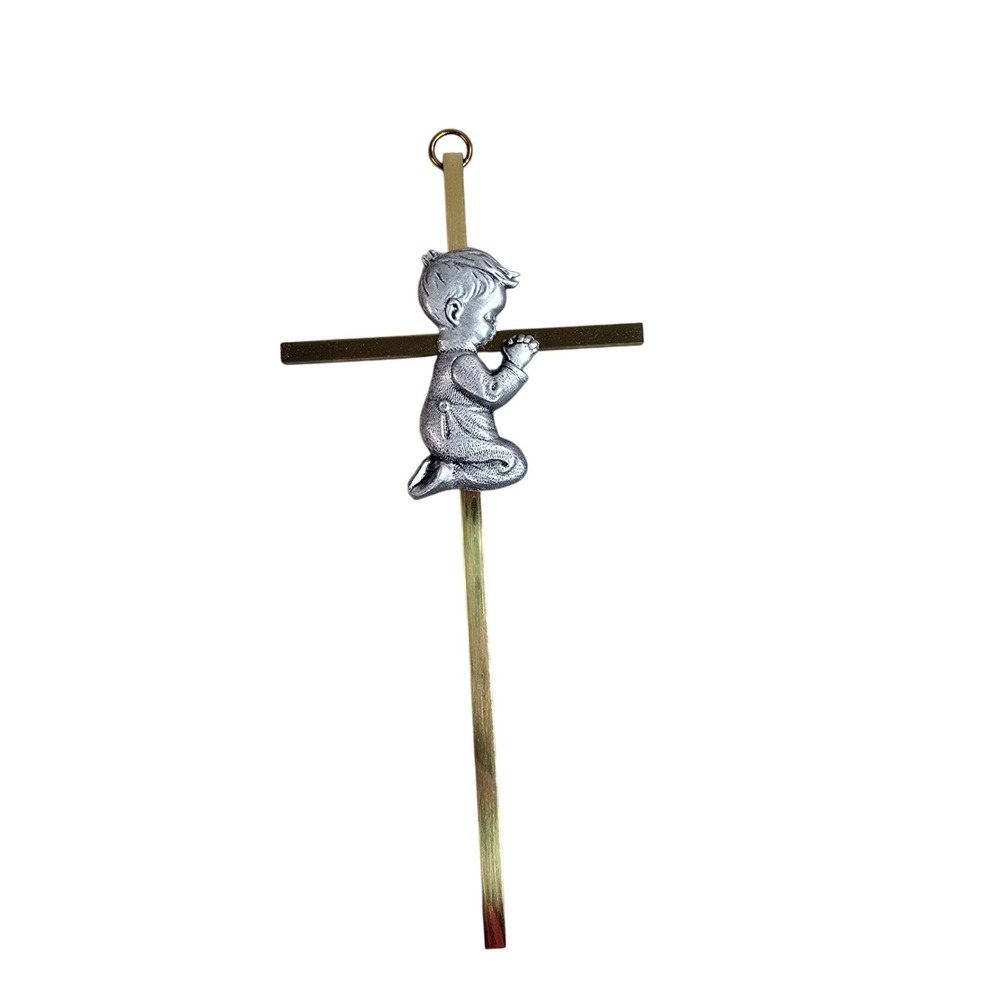 Vintage Brass Wall Cross with Praying Boy Figure Religious Nursery Decor 7.5in